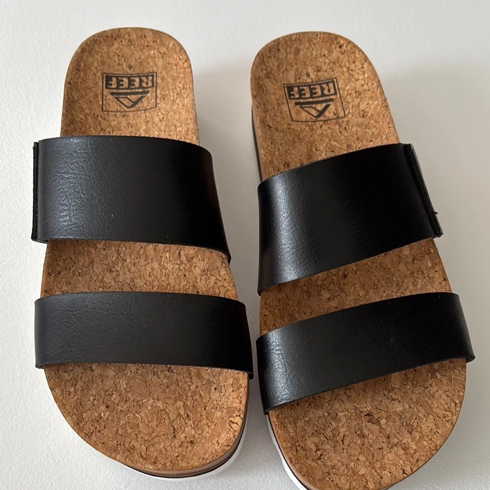 Reef Black Cork Footbed Double-Strap Slide Sandals